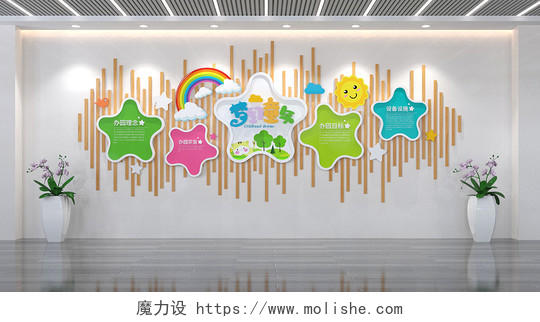 木质卡通风格幼儿园简介文化墙